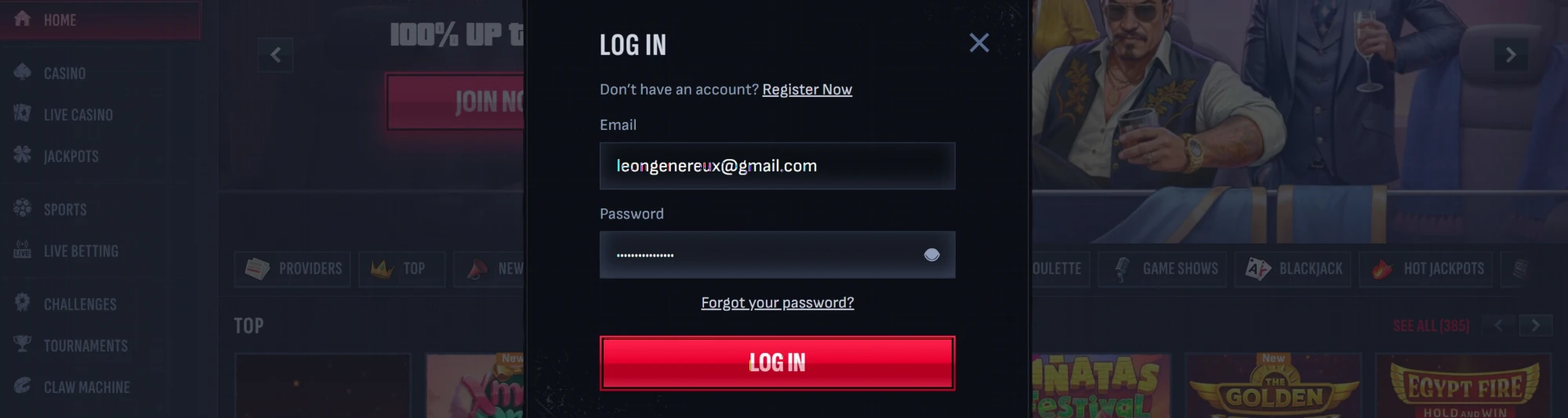 Interfaccia di login e registrazione Mafia Casino